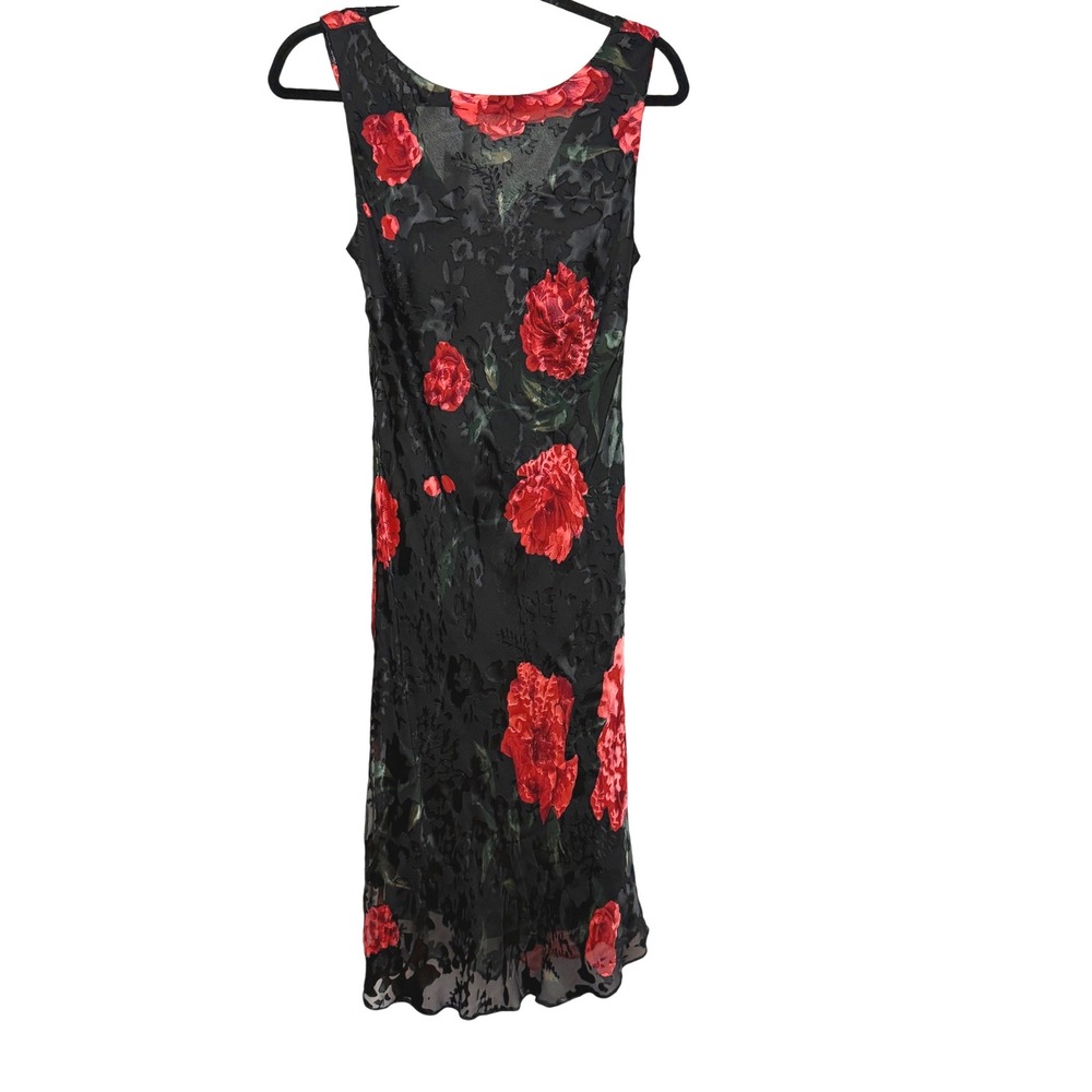 Black Silk Blend Red Floral‎ Burnout Devore Midi Dress Womens 10